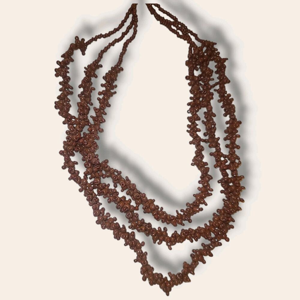 Vintage Boho Brown Seed Bead 3‎ Strand Layered Statement Necklace 17"